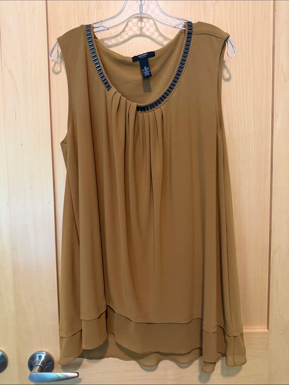 Alfani Sleeveless Beaded-Neck Knit Top with Chiffon Detail in Dark Mustard Brown